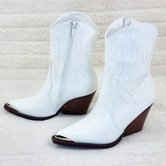 Tallas White Cowgirl Cowboy Ankle Boots Western Block Heels - Picture 4 of 7